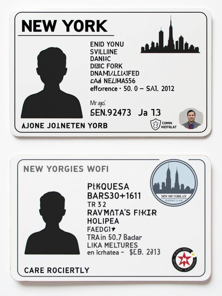 Design of an ID card for New York with elements for personal identification. Security features included. Front and back layout shown.