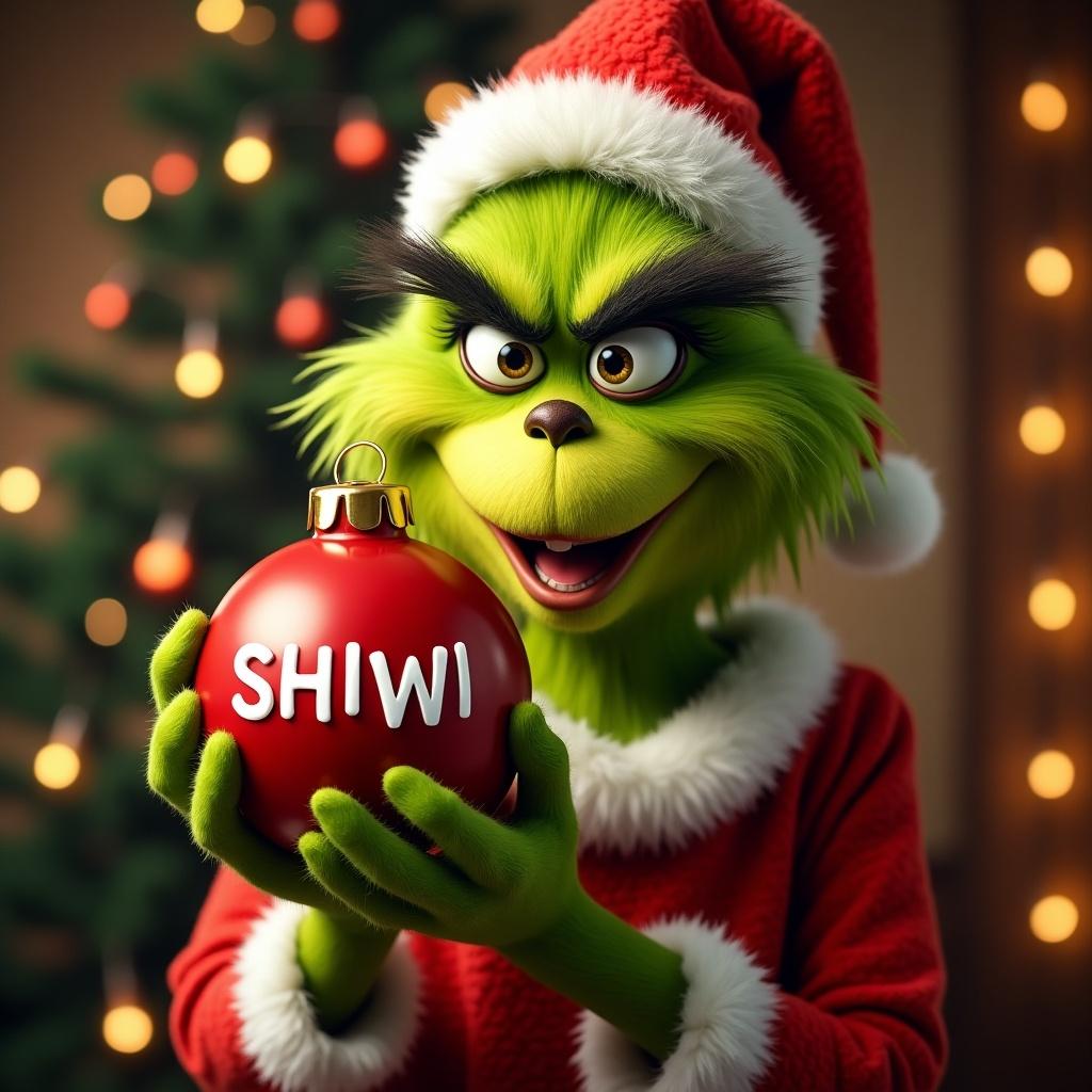 A Grinch character holds a Christmas ornament labeled SHIWI. The background has festive Christmas lights creating a joyful atmosphere.