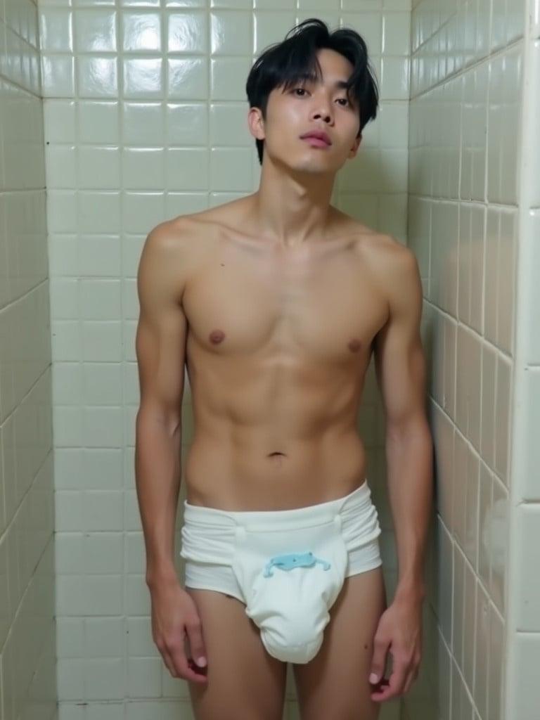 A male Kpop idol appears to have had an accident. He wears a diaper. The setting is a bathroom with tiled walls. The idol stands with a shocked expression wearing a diaper. His physique is athletic but his attire is unconventional. The atmosphere conveys a mix of humor and surprise.