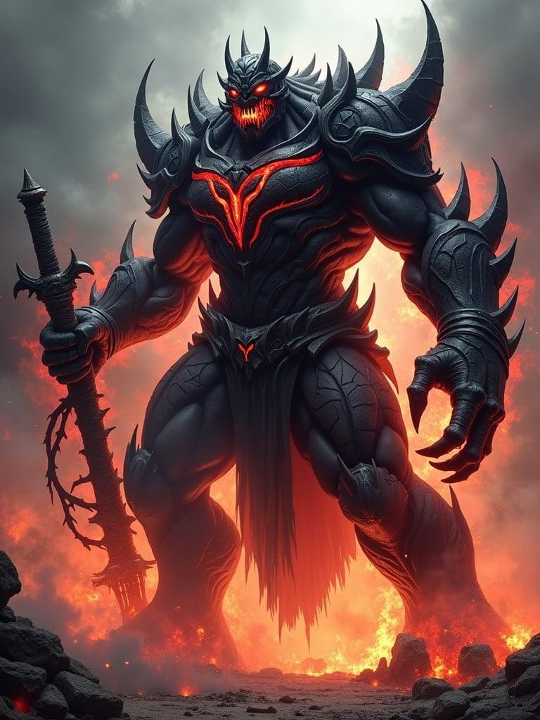 Towering monstrous character with jet-black armor. Armor cracked with glowing molten red veins. Radiant fiery eyes. Massive clawed hands hold a colossal dark energy weapon. Form enveloped in swirling shadows and embers. Aura of pure destruction and chaos. Leaves scorched earth with each step.