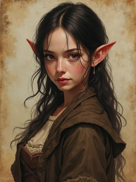 A halfling character with slightly pointed ears. She is around 26 years old. Character appearance includes dark hair, brown eyes, freckles, and a sly expression. The background is faded parchment. Image is created in a fantasy style resembling Antonio J. Manzanedo.
