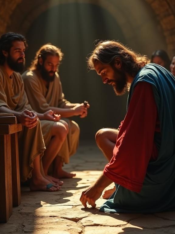 Scene depicting Jesus Christ kneeling on a stone floor washing the foot of Apostle Peter. Peter in red tunic and blue outer robe. Disciples observe quietly in dimly lit stone room with wooden table. Golden atmosphere from warm lighting. Faint halo above Jesus conveying divinity and compassion.