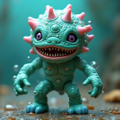 Design of a toxic sea warrior toy featuring bloated shapes and bubble textures. Character has jellyfish-like tendrils and a face resembling a toxic coral mask with sharp teeth. Style is cartoonish and exaggerated, resembling a painted PVC toy. Main colors are sickly green, murky blue, and pale violet.