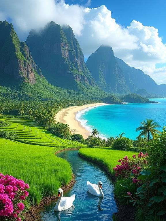Vibrant tropical landscape with a clear stream featuring swimming swans. View of terraced rice fields. Curved beach with turquoise water. Jagged mountains in the background. Bright blue sky with fluffy clouds.
