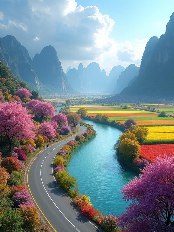 A vivid landscape with a winding river, colorful blooming trees, and towering karst mountains in the background. The scene features vibrant fields of flowers in various colors, a modern two-lane road, and a bright blue sky with fluffy clouds.