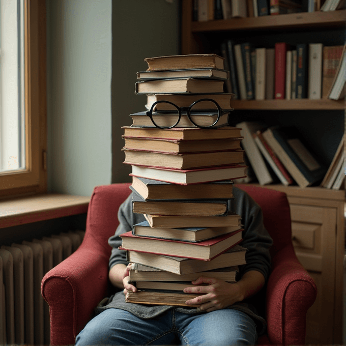 A stack of books is placed on a table near a window. On top of the books is a pair of sunglasses. The covers of the books are mostly dark, with some having gold lettering.