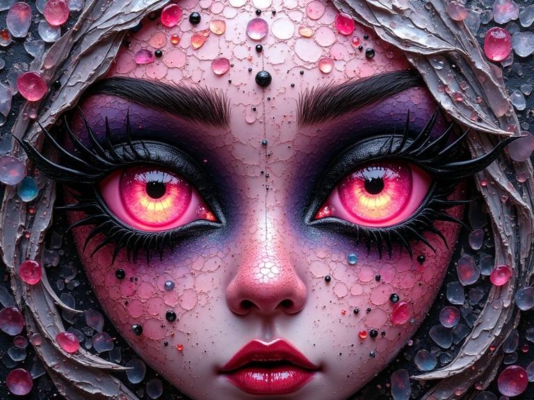 3D iridescent ceramic tile and glass mosaic in an abstract style. Focus on pink and black gothic eyes. Use encaustic flashy mixed media for textures.