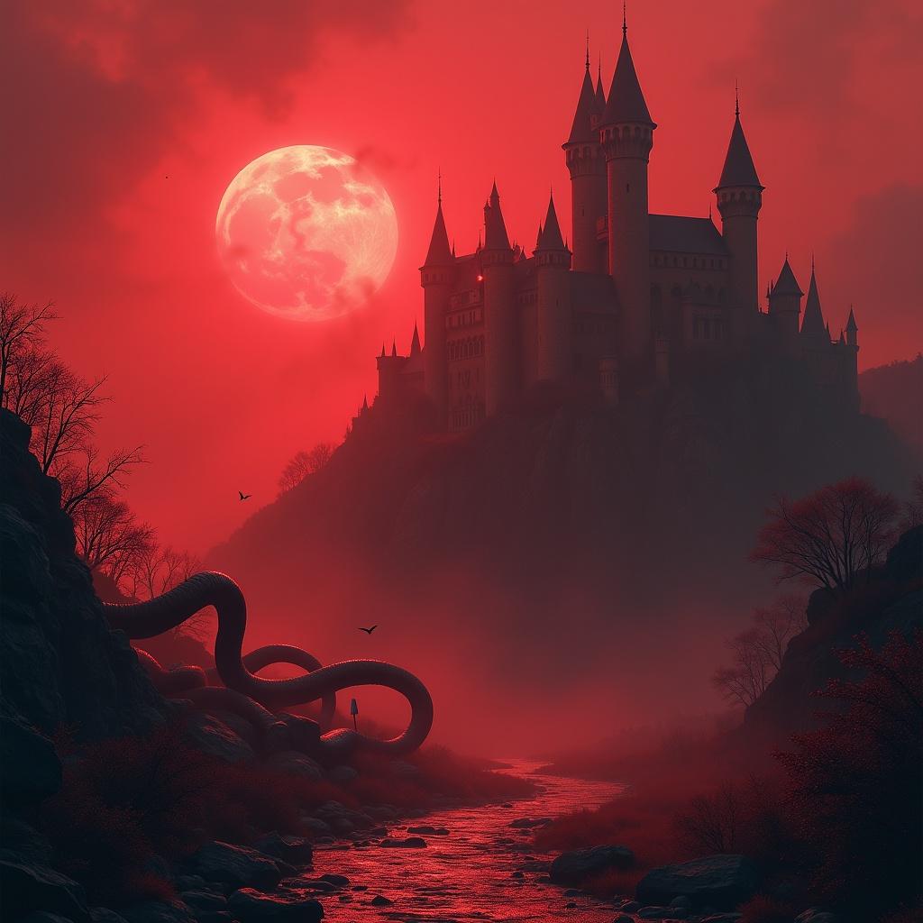 Medieval gothic castle with red mist. Giant worms slither through landscape. Full moon in the background. Dark and eerie atmosphere.