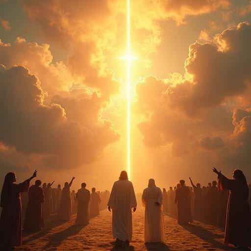 Dramatic sky with golden clouds and radiant light, scene depicting the Second Coming of Jesus, people in awe-filled poses.
