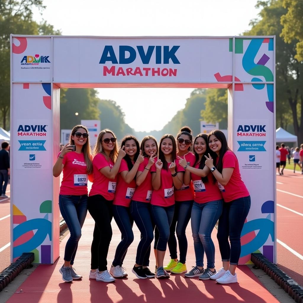 Group photoshoot at Advik marathon selfie point. Women smiling and posing in front of event branding. Bright colors and energetic atmosphere.