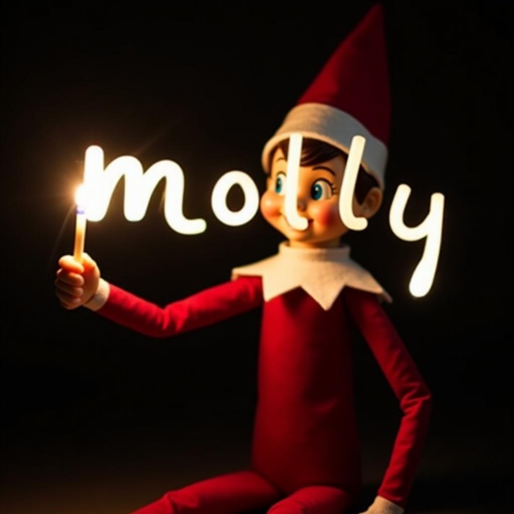 Image features a charming elf character in red and white attire. The elf holds a glow stick creating the word 'molly' in bright light. Dark background enhances the glowing effect. Creates a warm, festive atmosphere associated with Christmas. Evokes joy and cheer for holiday-themed content.