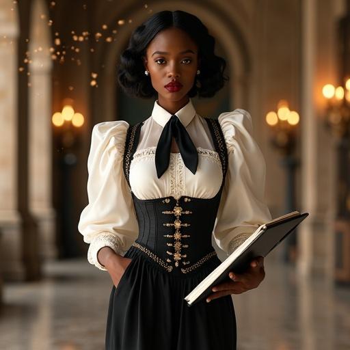 A breathtaking Afro goddess inspired by Yemọja with deep black skin and delicate Japanese-like features. Glossy black hair styled into a waved bob decorated with kanzashi and hairpins. She wears a fusion of medieval maid uniform and contemporary secretary style, including a white blouse with lace trims and a black corset. The skirt is modest yet layered with lace. A satin necktie complements her look. Standing in a chamber with medieval architecture and modern elements, holding documents and a tablet. Background illuminated with magical particles.