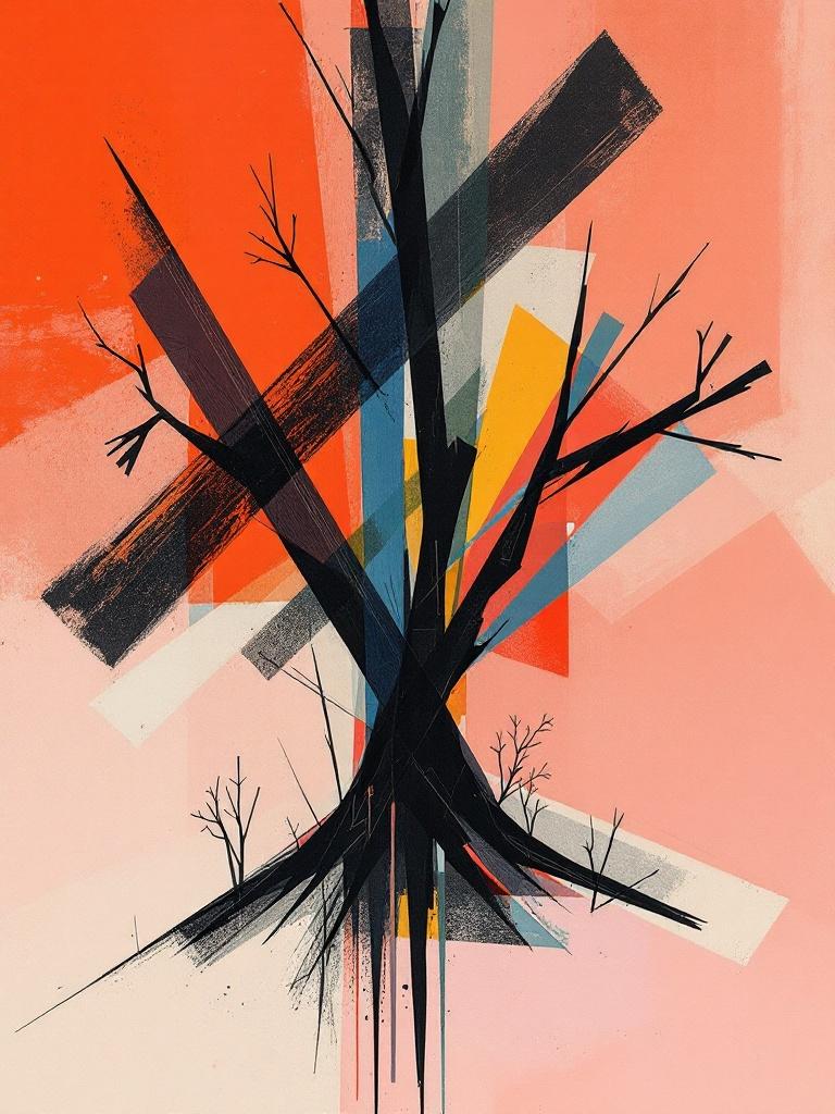 Creating striking designs using abstract interpretations of natural forms. Experimenting with bold lines and unexpected shapes. An abstract tree representation with sharp angles and contrasting colors.