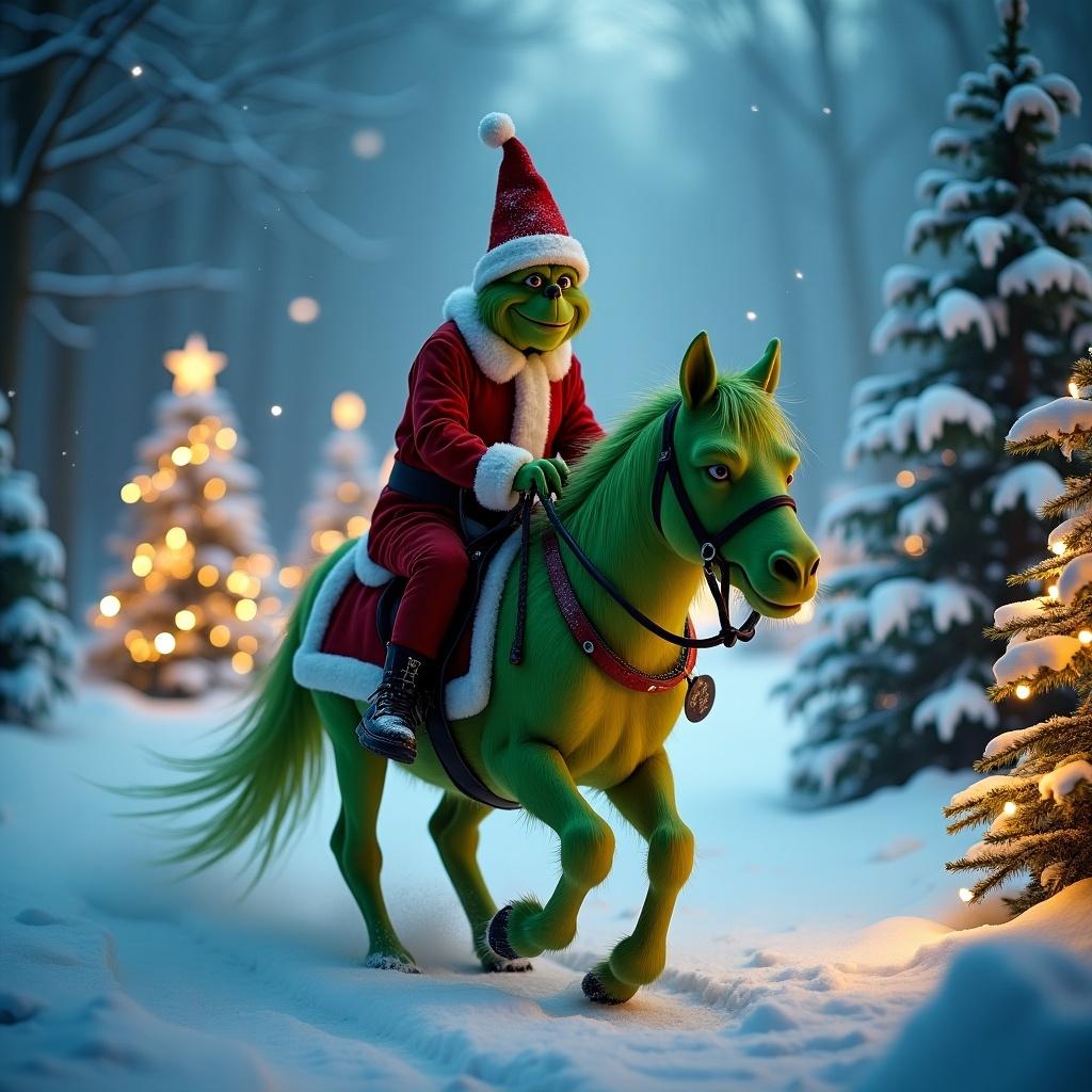 Grinch rides a horse in the snow. Christmas trees with lights are included. Festive winter atmosphere portrayed.