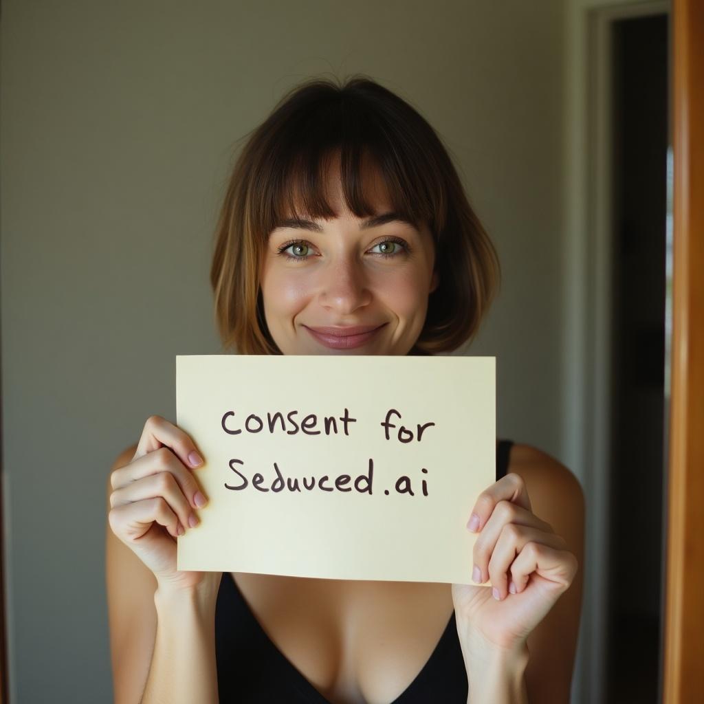 Person holding a paper in a mirror. Paper has handwritten message 'consent for seduced.ai'. Arm and hand are visible. Indoor space with soft lighting. Image is grainy. Focus on the paper.