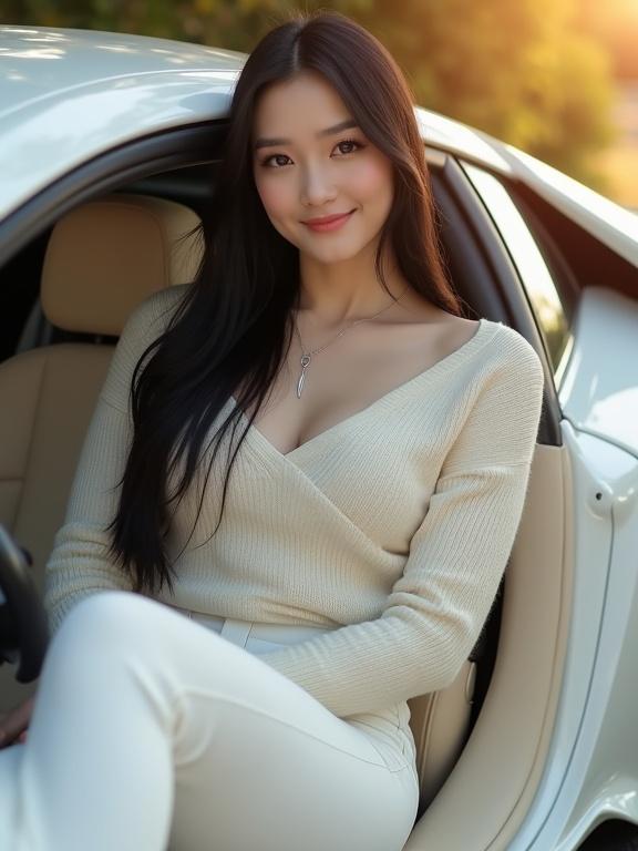 Image showcases a beautiful woman with long black hair sitting in a white Lamborghini. She wears a cozy off-white sweater and high-waisted white leggings. Large breasts and wide hips are subtly outlined. She has light pink nails and a silver ring. Warm golden light enhances her smooth skin. Scene conveys fashion, luxury, and sensuality.