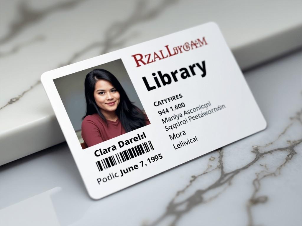 This is an image of a library membership card displayed on a marble surface. The card includes a photograph of a woman with long black hair and a friendly expression. The name 'Clara Darel' is prominently featured, along with a barcode for scanning. The card is designed with a clean, modern look, incorporating elements like a library logo and a clear layout. Various details like 'Library', 'Catyres', and membership numbers are included, making it functional for library services.