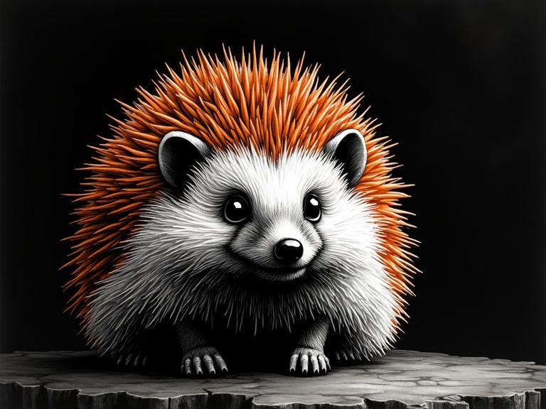 Monochrome Renaissance ink illustration features an adorable hedgehog. Orange hue gives a vibrant touch. Soft gaze and candid expression captured in a quarter-turn. Deep shadows enhance contours and texture. Bold hand-drawn lines create detail against a black background. Gothic aesthetic is evident.