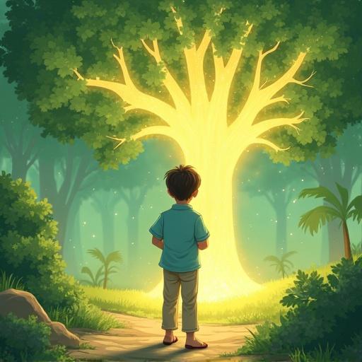 Illustration in children's storybook style. Scene shows a young boy in a green heavenly garden. He stands with eyes closed and hands raised in prayer. A majestic tree shines nearby. The atmosphere feels spiritual and peaceful. Space for Arabic text exists near the boy's head.
