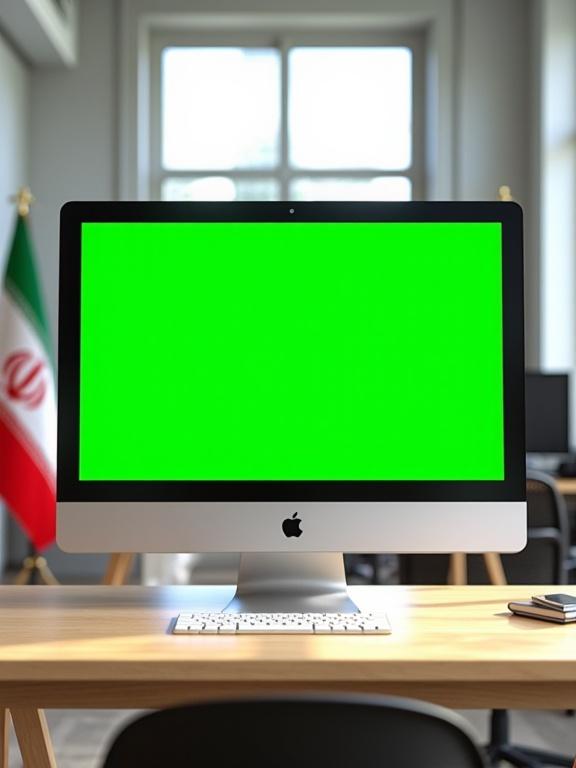 Direct view of an iMac monitor with a green screen. Silver Apple iMac on a light brown wooden table. Natural light from large windows. Professional and modern style. Iranian flag in the corner. Slightly out of focus office details including desk and chairs.