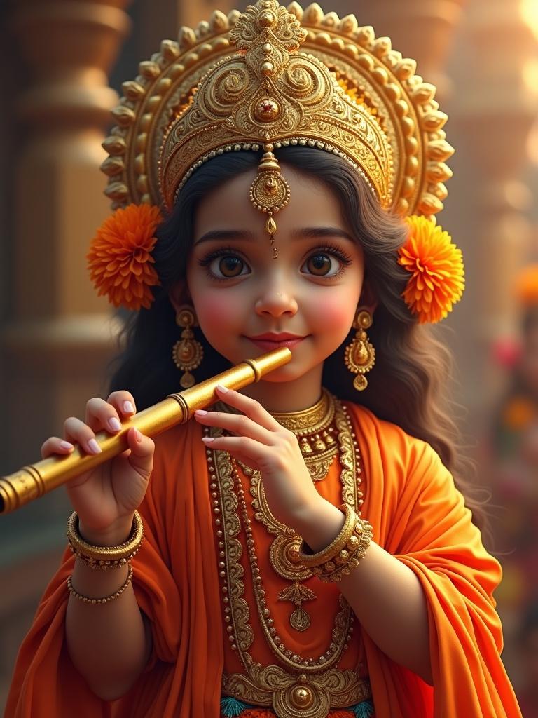 Young Indian deity plays a golden flute. Figure wears intricate outfit. Adorned with golden crown and orange flowers. Background signifies warm and festive atmosphere. Emphasis on cultural richness and vibrant colors.