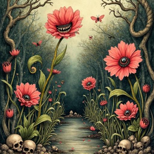 A garden with flowers having teeth and eyes. Petals twisted into smiles. Stems with sharp thorns. Air thick with sweet scent. Ground littered with bones and decaying leaves. Twisted vines crawl along the walls. Dark folk art style with whimsical watercolor textures and swirling patterns.