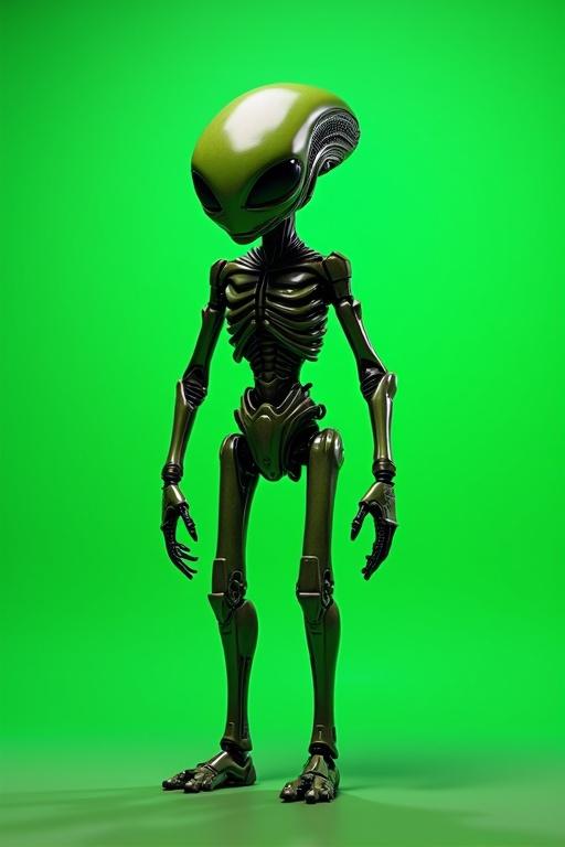 A robot alien figure standing against a bright green screen. The alien has a smooth, oversized head and a skeletal metallic body. The design includes intricate details on its limbs and a sleek appearance.