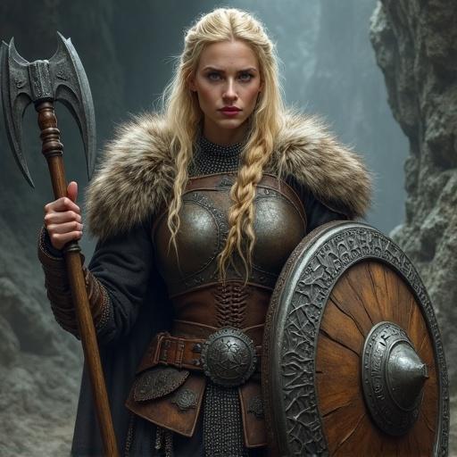 Powerful blonde Viking shieldmaiden warrior stands in dark cavern. Long blonde hair has a side braid. Wears dark leather and segmented armor with fur trim. Grips a bearded battle axe in one hand, shield in the other. Dark atmospheric landscape surrounds her. Textures of metal and leather are highlighted by dramatic lighting.