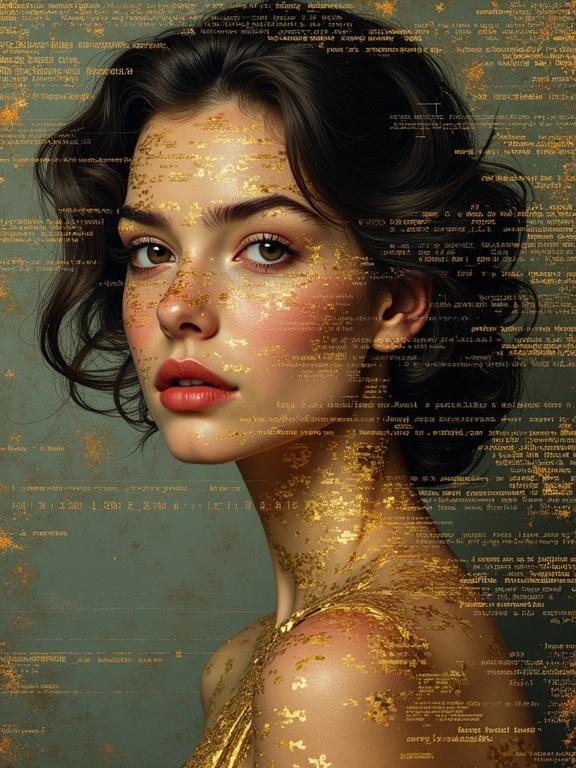 An ethereal woman with brunette hair gazes directly at the viewer. She wears a thin short gold leaf dress. The background is a textured blend of colors. An ASCII art overlay enhances the image with characters tracing contours and forms, creating depth.