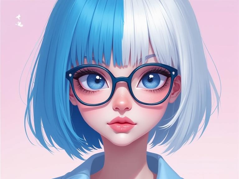 Digital illustration features a Finnish woman with blue and white bob hair. She wears glasses and has blue and white makeup. The background has soft pastel colors. The woman has delicate features and an expression of quiet confidence. Her hairstyle is asymmetrical. The colors blend beautifully.