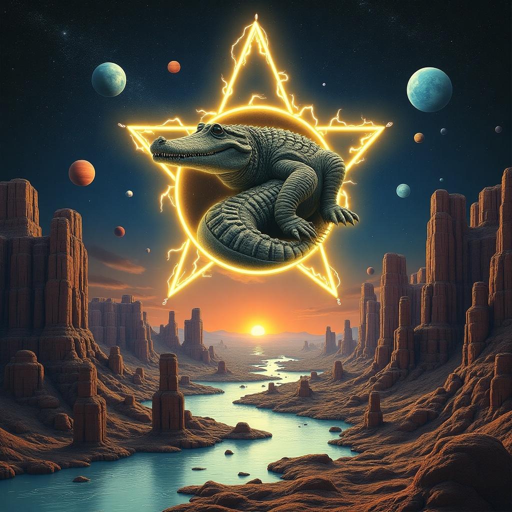 Artwork shows a surreal landscape for an album cover. Central focus is a gigantic glowing gator in a pentagonal symbol. Lightning bolts emerge from the symbol. Planets and moons fill the sky. A river flows through an alien landscape, depicting wonder and tension.