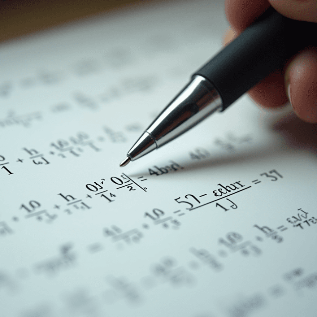 A close-up of a pen poised over a sheet filled with complex mathematical equations.