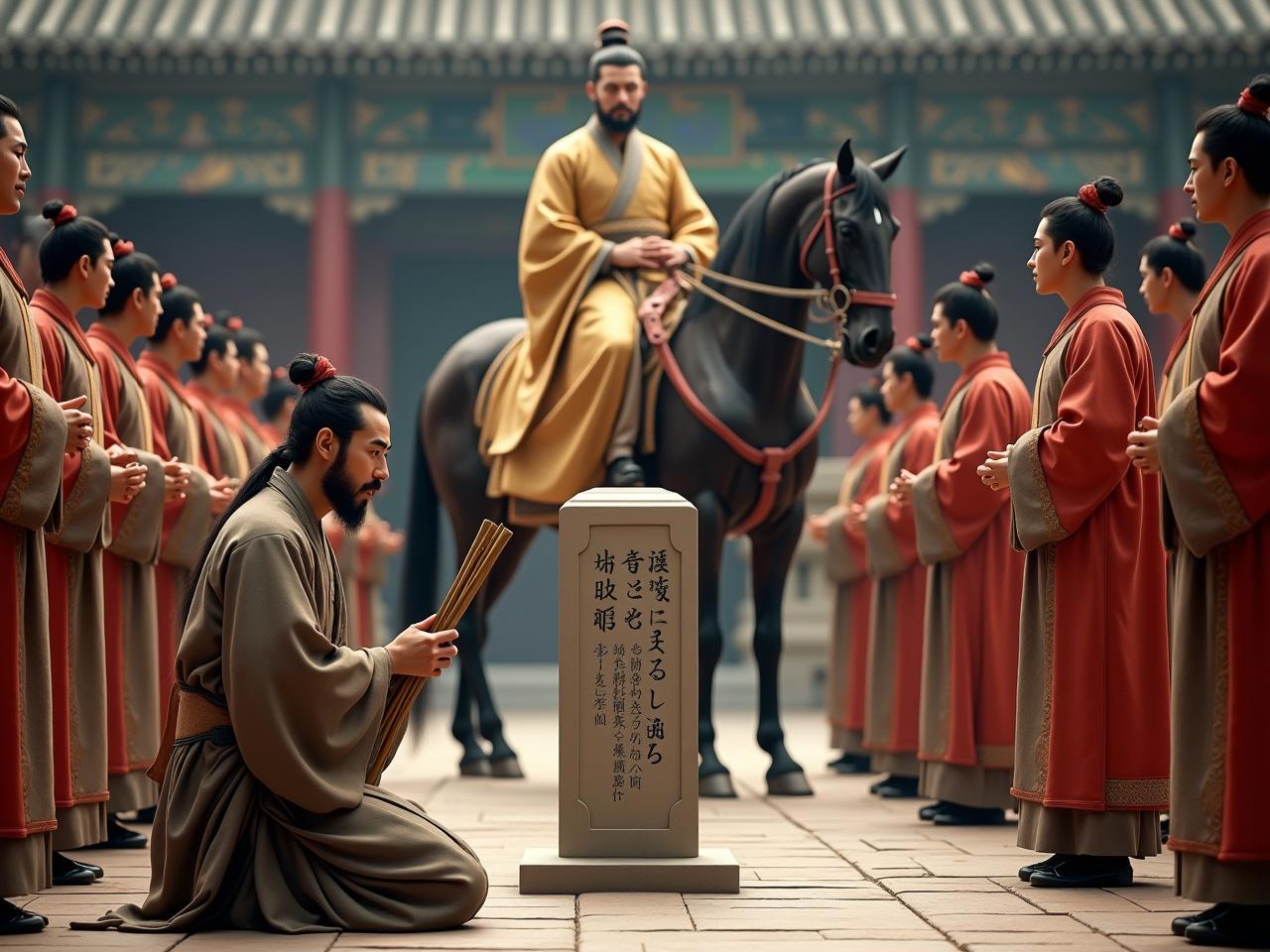 Generate a hyper-realistic photo capturing a pivotal moment in ancient Chinese history. On the left, a 35-year-old scholar kneels, holding a short, slender bamboo board with both hands. His eyes are fixed on the bamboo board with a respectful and solemn expression as he faces a young emperor, who sits atop a majestic horse. The scholar’s humble yet dignified robe in earthy tones complements his neatly groomed beard, symbolizing his status and wisdom. Beside him, male attendants in muted red and deep brown Han dynasty robes stand respectfully, some with short beards, reflecting their modest status. The emperor exudes authority with sharp features and almond-shaped eyes, adorned in a luxurious golden robe with intricate dragon embroidery. Surrounding him, attendants in vibrant red and gold robes maintain a calm demeanor, enhancing the regal atmosphere. In the center, a stone stele with partially visible inscriptions adds historical depth, set against the backdrop of a grand palace.