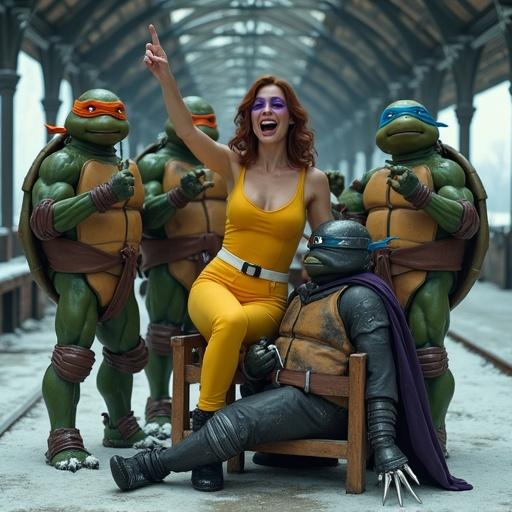 Woman in yellow jumpsuit pins down man dressed as Shredder with turtles laughing. Abandoned train station, snow covering ground, dim lighting from stained glass. Turtles in colorful masks, humorous scene.