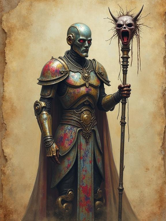Portrait of a metallic construct robot with colorful graffiti. Robot holding a two-handed scepter with a screaming face. Background fades into worn parchment paper at edges. Digital art with epic fantasy and medieval elements.