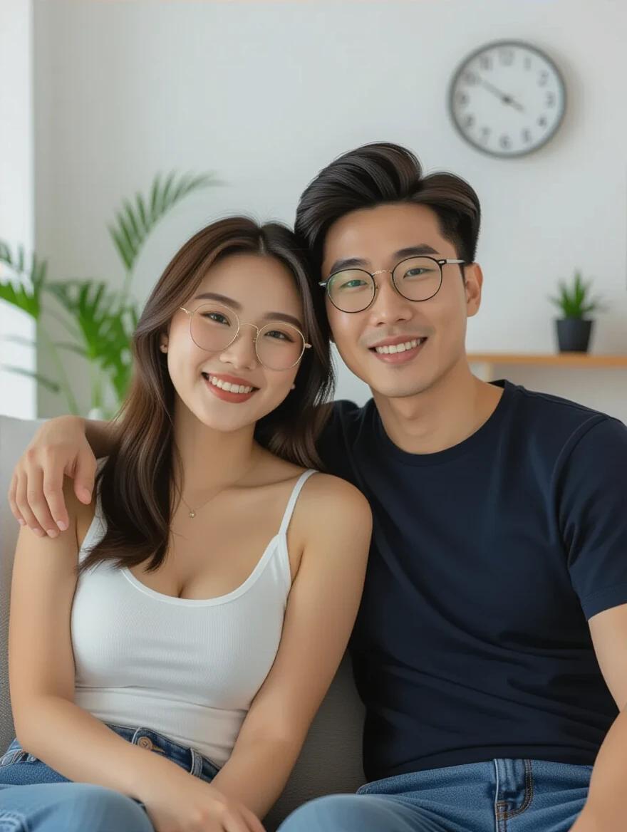 A young Asian couple sits together on a sofa in a white and dark blue room. The woman rests her head on the man's shoulder. She wears a tank top with visible cleavage. The man showcases modern Korean fashion. The couple gazes directly at the camera, surrounded by plants and contemporary decor. Soft natural light highlights their features.
