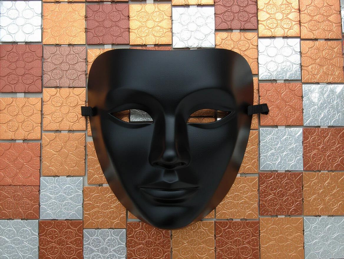 Matte black mask placed on a background of metallic tiles in varying hues of copper, bronze, and silver. Tiles are arranged in a geometric pattern.