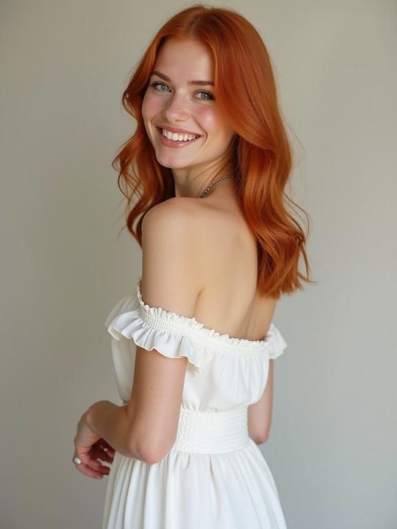 20 years old woman with red hair. Dressed in a white dress. Shown in a side view. Appears playful and happy. Pose highlights her figure and style.