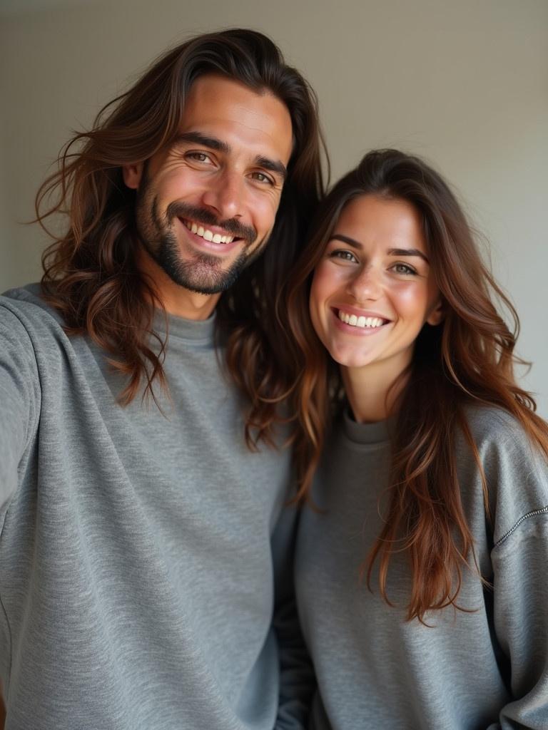 Two people stand closely together. A man has long brown hair and wears a gray sweatshirt. His girlfriend has long brown hair and also wears a gray sweatshirt. They are taking a selfie in natural light.