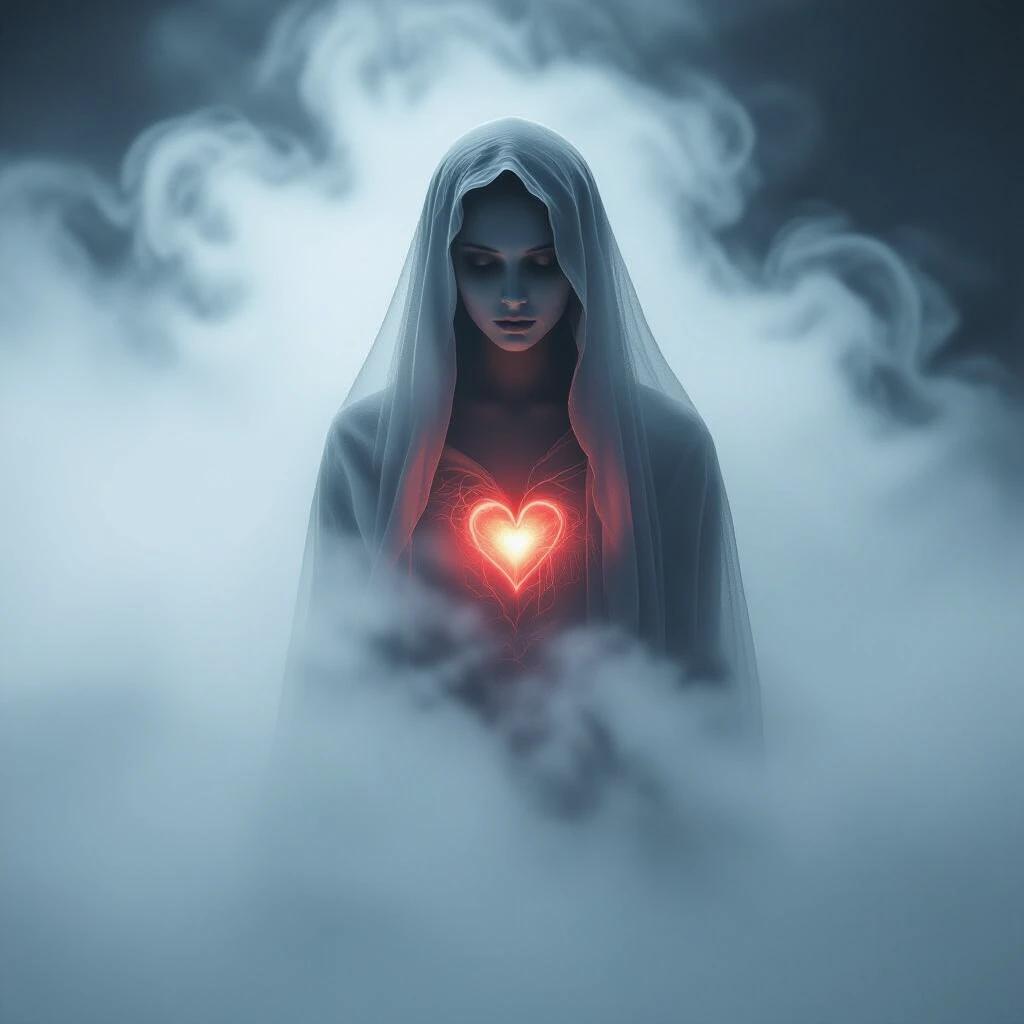 A ghostly woman stands in fog. Her heart glows faintly. Mist surrounds her form. A mysterious atmosphere emphasizes her presence. Light radiates from her chest. The image conveys emotions of love and transcendence.