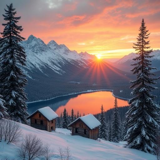Landscape showcasing a sunset with mountains reflecting in a lake. Snow-covered pine trees surround wooden huts in the foreground. Scenic nature composition with a vintage feel.