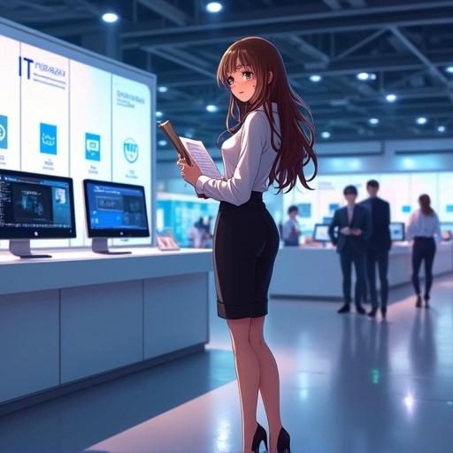 A young adult stands in business attire at an IT exhibition. Long wavy hair and pencil skirt with a blouse. Flustered expression with dramatic makeup. Holding a clipboard near tech displays. Corporate setting with professionals around. Features sweat drops and sparkle effects. Anime style with glowing lights.
