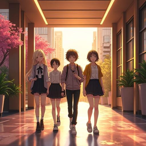 Anime scene depicting futuristic students in a modern school hallway. Morning light casts a golden glow. Students dressed in stylish outfits. Cherry blossoms visible outside. Luxurious setting. Focus on friendship and youth. Walking towards class.