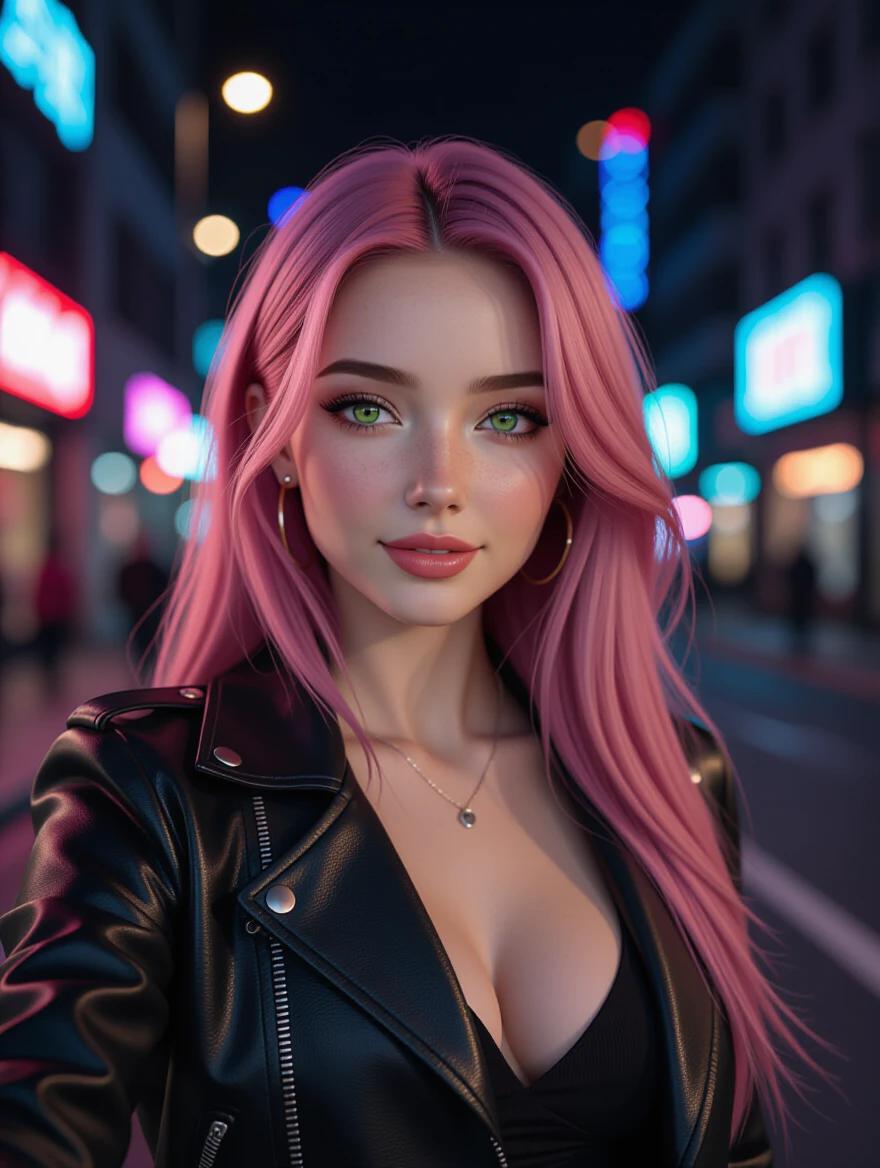 Ultra-HD realistic photo of a young woman with long pink hair and striking eyes posing for a nighttime street-style selfie. She wears a leather jacket and a fitted dress that highlights her curves. Neon city lights create a reflective effect. The image has cinematic quality with bokeh lights for a high-fashion context.