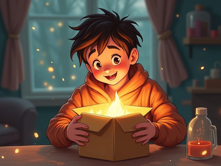 Child opening a glowing package. Bright expression. Cozy indoor setting. Light coming from the box. Full of energy and excitement.