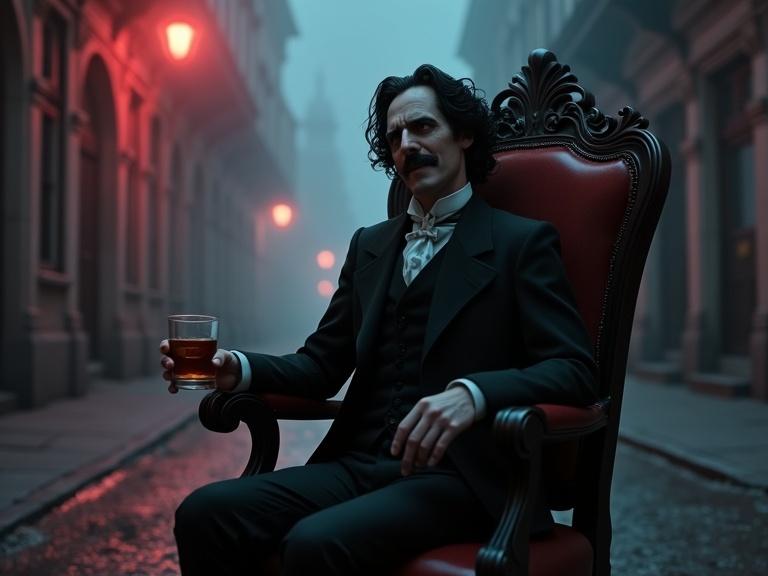 A figure reminiscent of Edgar Allan Poe sits in a gothic chair. The figure holds a glass of whiskey. The setting is an empty narrow street at night, shrouded in fog. Colors include muted red and blue-gray. The style reflects a 1920s retro-futurism with an otherworldly city feel. Animation appears grotesquely realistic.