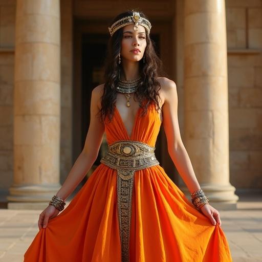 Model showcases vibrant orange gown with ancient Egyptian influences. Dress features intricate detailing and metallic jewelry. Stone columns in the background enhance the regal aesthetic.
