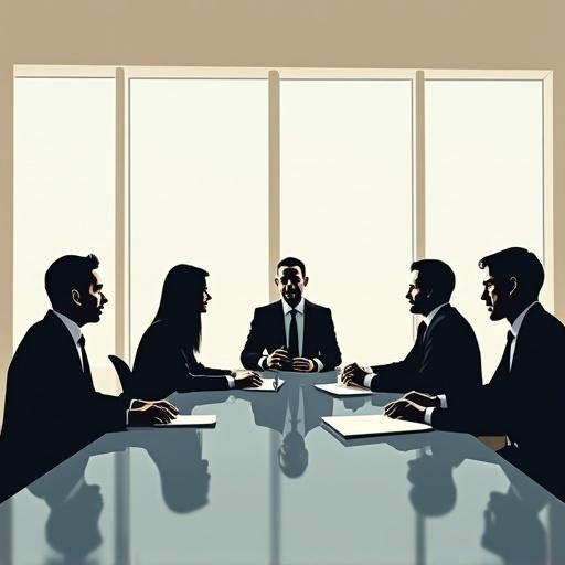 Vector style image of an office meeting. Group of professionals seated at a large table. Silhouettes against light from windows. Business attire. Focus on roundtable discussion.