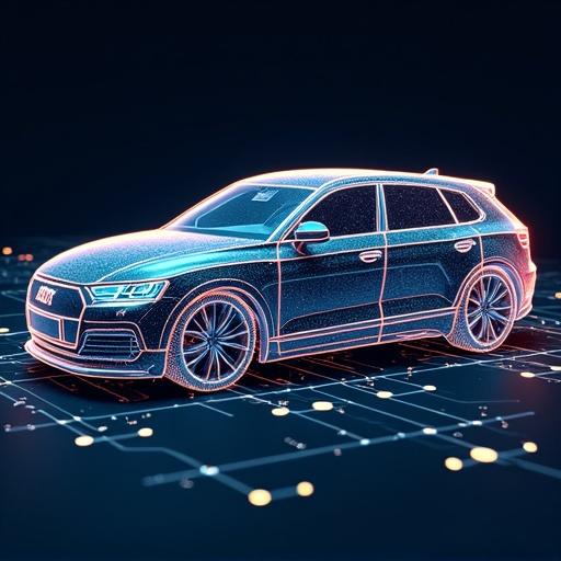 Image shows a car with an electric circuit design represented in a 3D style. Car appears futuristic with a glowing outline and is set against a digital circuit background.