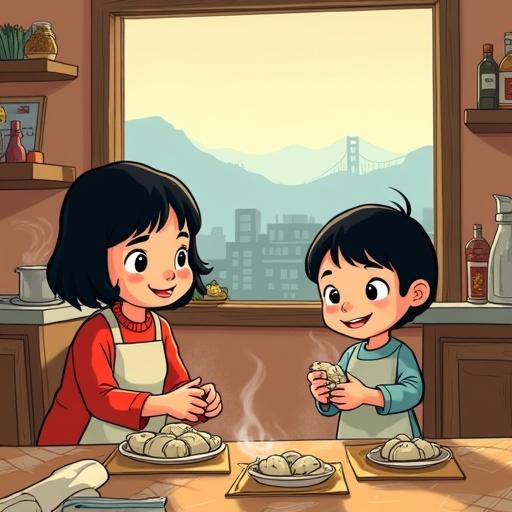 Comic book style page featuring a cozy kitchen with a mother and daughter making dumplings. Little Peggy is happy on the floor as her mother folds dumplings at the table. Steam rises from bowls. The background is filled with kitchen items. Peggy's hands struggle to fold a dumpling, showcasing concentration. Outside the window, fog rolls over San Francisco hills. The kitchen feels warm and safe, filled with pleasant cooking aromas.